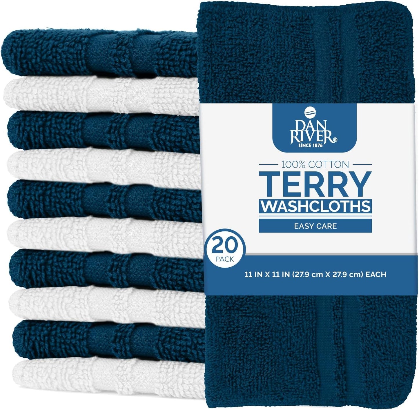 DAN RIVER 100% Cotton Washcloths 20 Pack Premium Quality Face and Body Cloth, Quick Dry Essential Towels for Bathroom, Hand, Kitchen & Cleaning, Baby Washcloths | 11X11 in | 400 GSM | Blue Opal+White