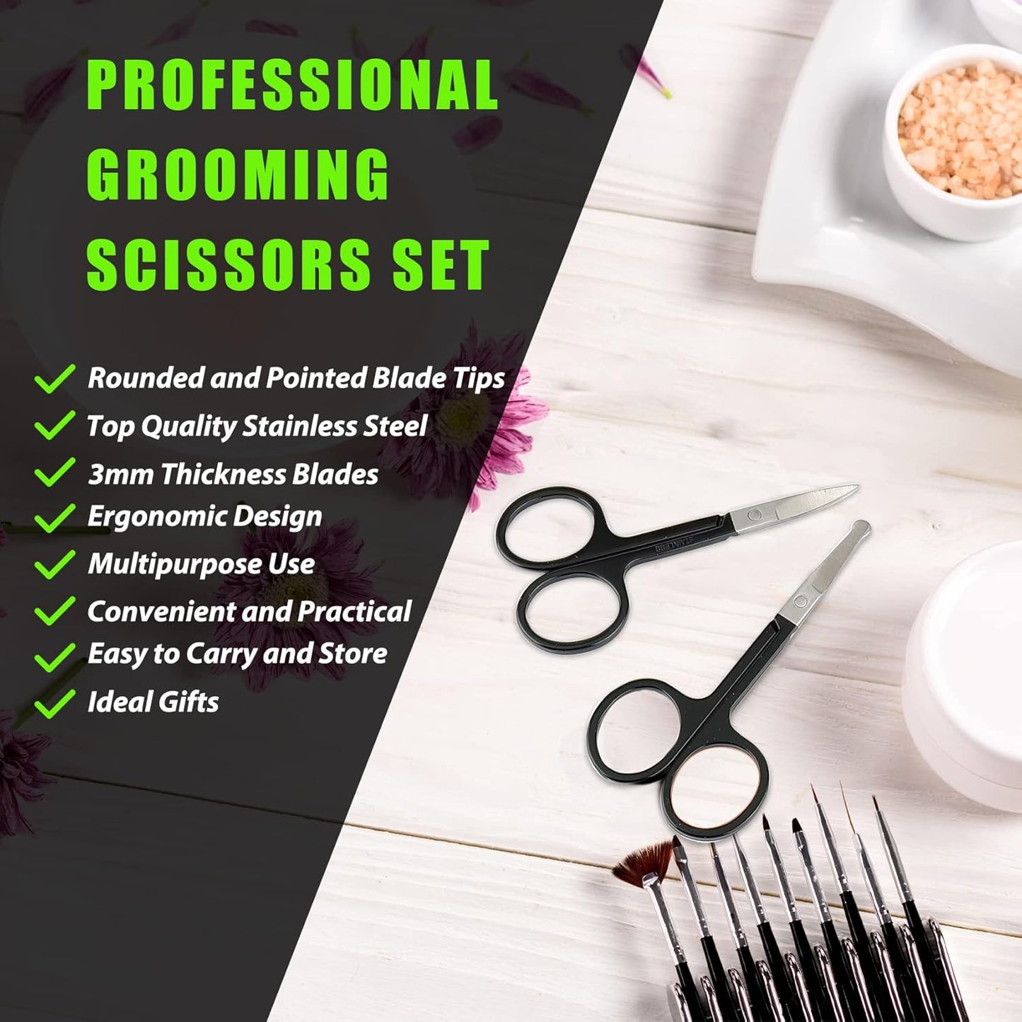 Facial Hair Small Grooming Scissors For Men Women - Eyebrow, Nose Hair, Mustache, Beard, Eyelashes, Ear Trimming Kit - Curved and Rounded Safety Tip Clippers For Hair Cutting- 2PCS Black