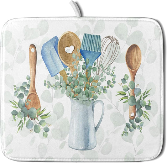 Sage Green Dish Drying Mat for Kitchen Counter, Cooking Supplies Reversible Dish Drainer Rack Pad Fast Dry Kitchen Accessories 16x18 Inch