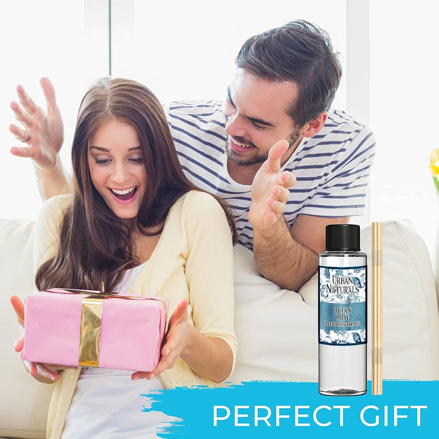 Urban Naturals Reed Diffuser Oil Refill, Ocean Rose Diffuser Oils with Rose, Lemongrass, Basil, 4 oz + Free Reed Sticks, Made in The USA