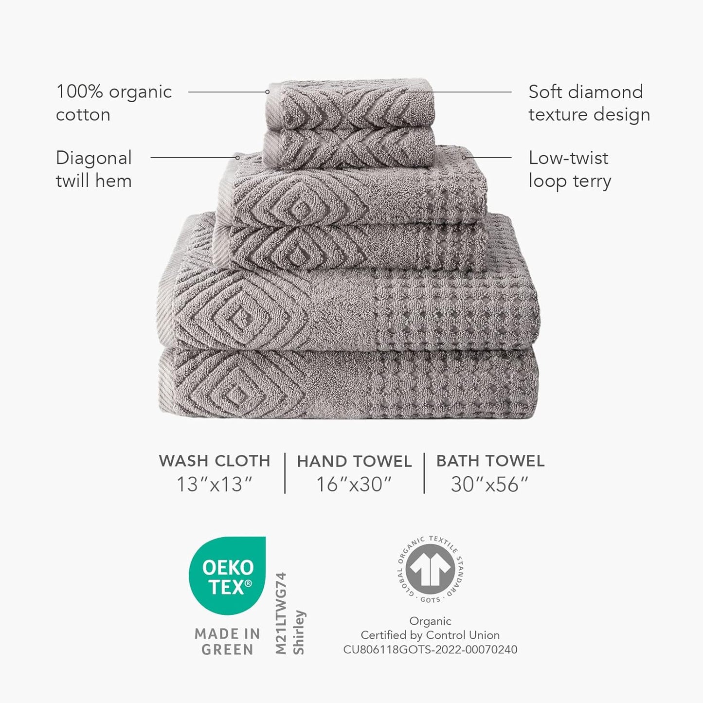 Texere 100% Organic Cotton Diamond Jacquard 700 GSM Luxury Bath Towel Sets - 2 Large Bath Towels, 2 Hand Towels, 2 Washcloths (Diamond, Oxford Tan, 6 Piece)