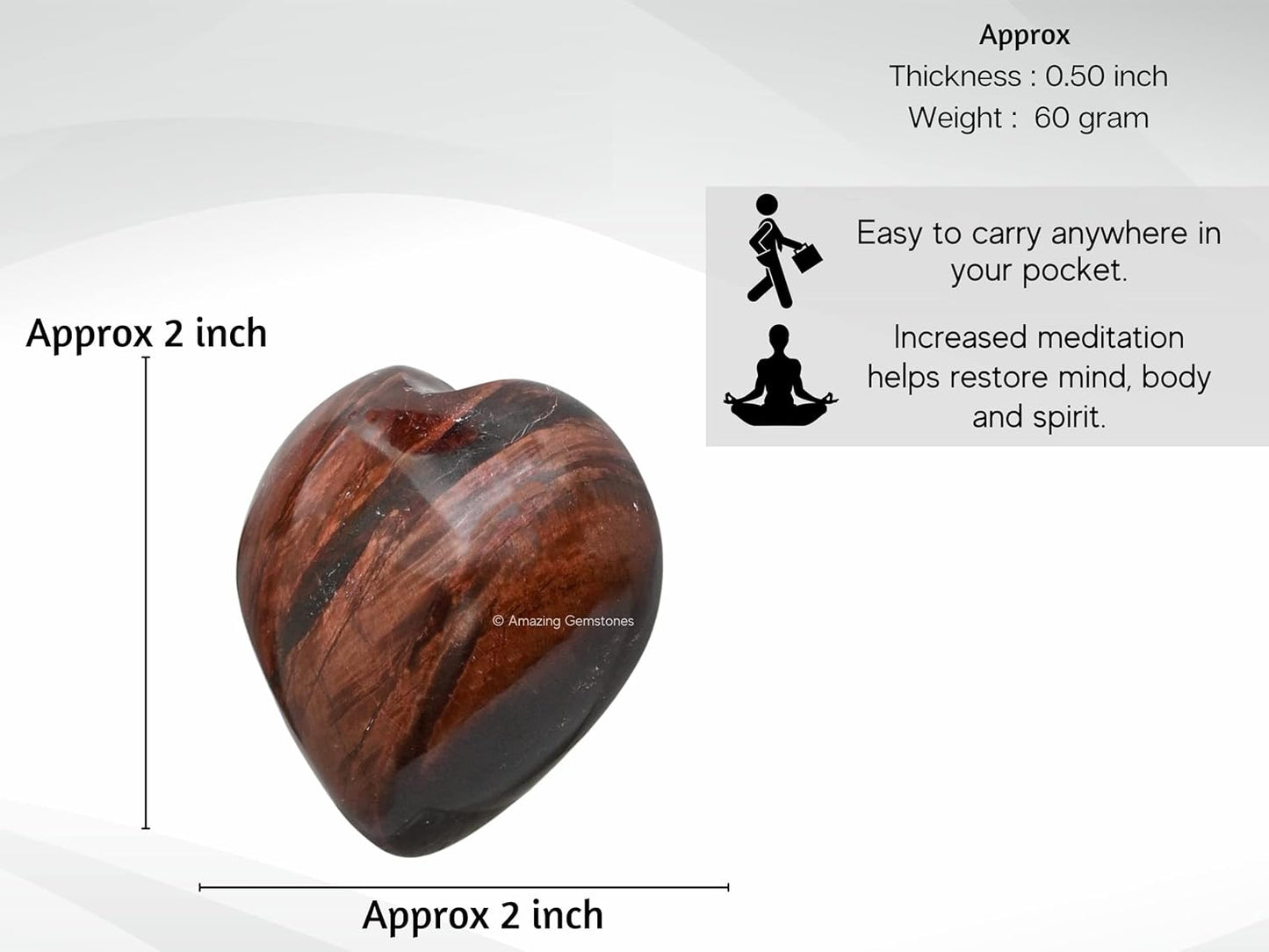 Amazing Gemstone Red Tiger Eye Crystal Heart Palm Stone - Pocket Massage Worry Stone for Natural Body Chakra Balancing, Reiki Healing and Crystal Grid