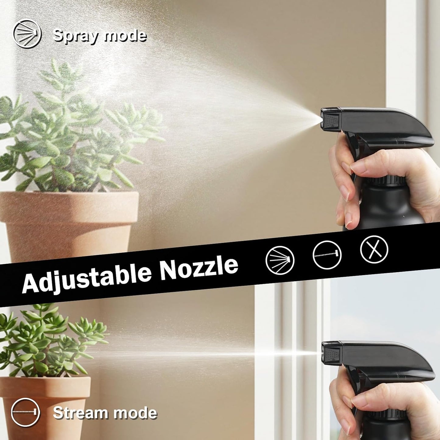 Spray Bottles 16.9oz/500ml Plastic Empty Spray Bottle for Hair Mist/Stream Spraying Heavy Duty Water Spray Bottles for Cleaning Solutions, Plants 2 Pack (Black)