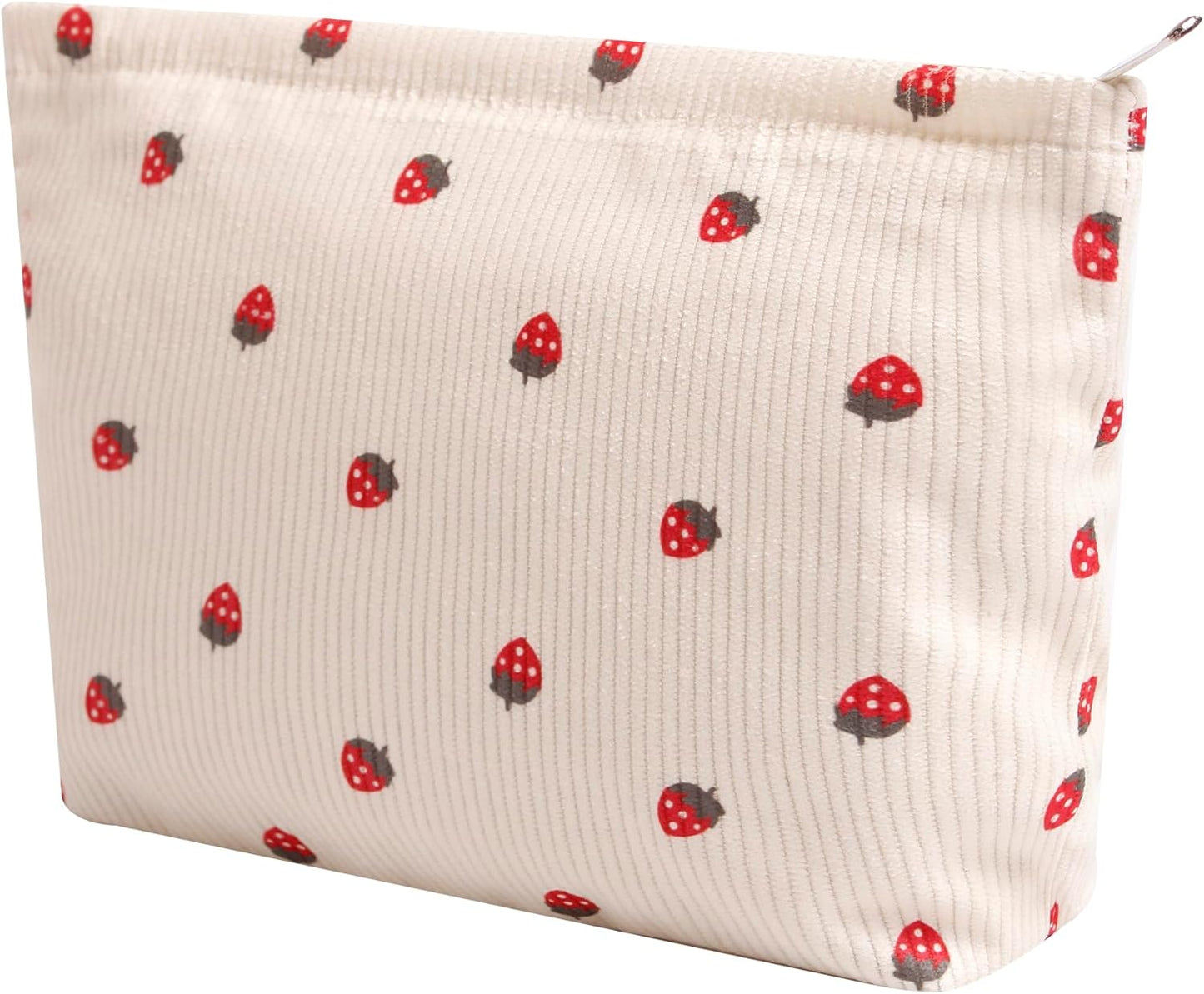 Cosmetic Bags for Women - Corduroy Cosmetic Bag Aesthetic Women Handbags Purses Smile Dots Makeup Organizer Storage Makeup Bag Girls Case Bags (Flowers-Beige strawberry)