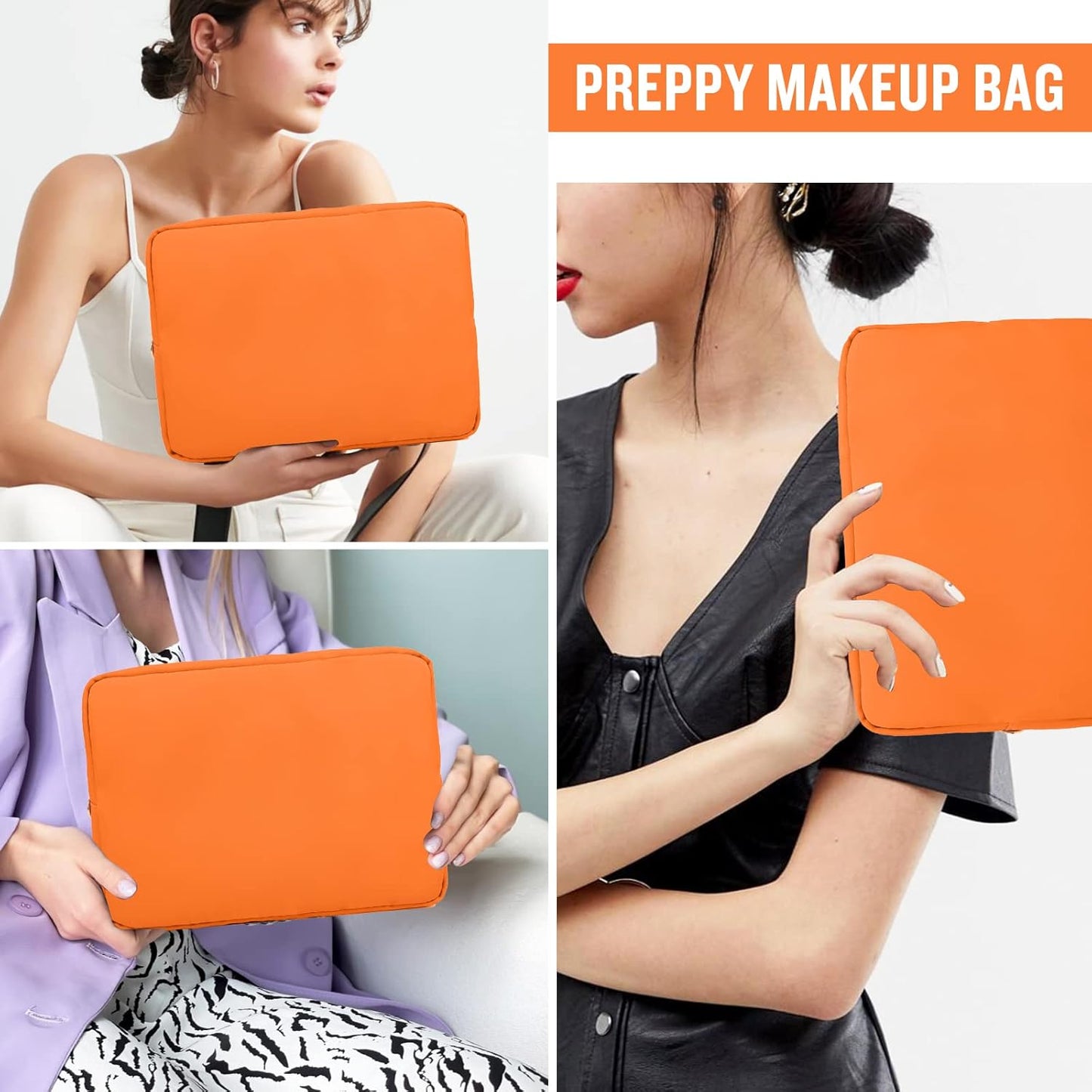 Nylon Large Makeup Bag Travel Cosmetic Bag Pouch, Preppy Big Makeup Bag Cute Cosmetic Zipper Pouch Purse, Waterproof Toiletry Bag Clutch Makeup Organizer Travel Essentials for Women Men Girls(Orange)