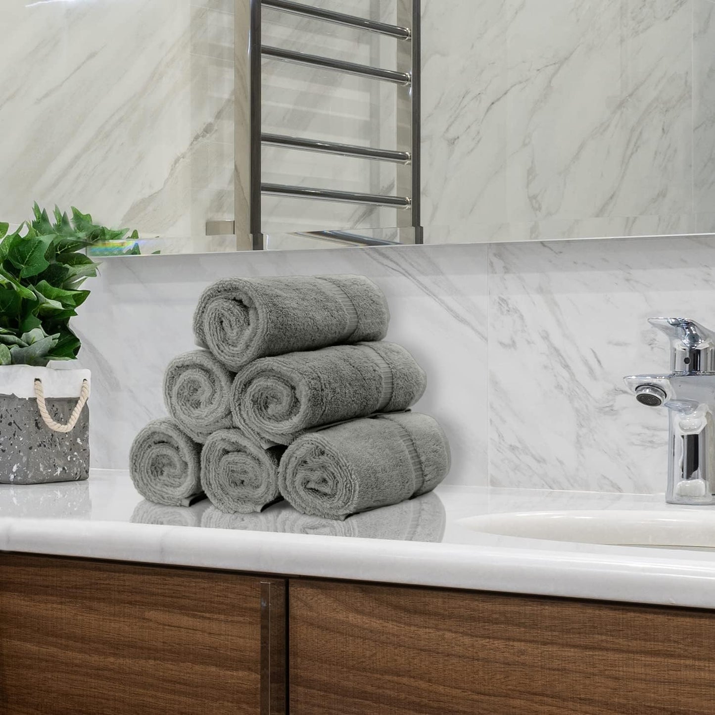 Monogrammed Hand Towel, Personalized Initial Gift, Extra Absorbent 100% Turkish Cotton - Soft Terry Finish - Set of 2 - Silver Block Initial W - Embroidered on Grey Towels