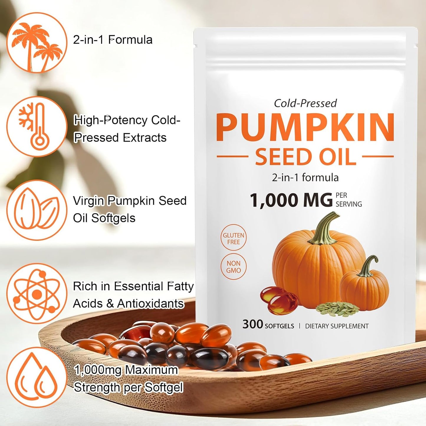 Pumpkin Seed Oil Capsules 300 Count, 2 in 1Pumpkin Seed Extract, Cold Pressed, Non-GMO, Essential Fatty Acids & Phytosterols for Hair Growth, Urinary, Bladder & Prostate Health