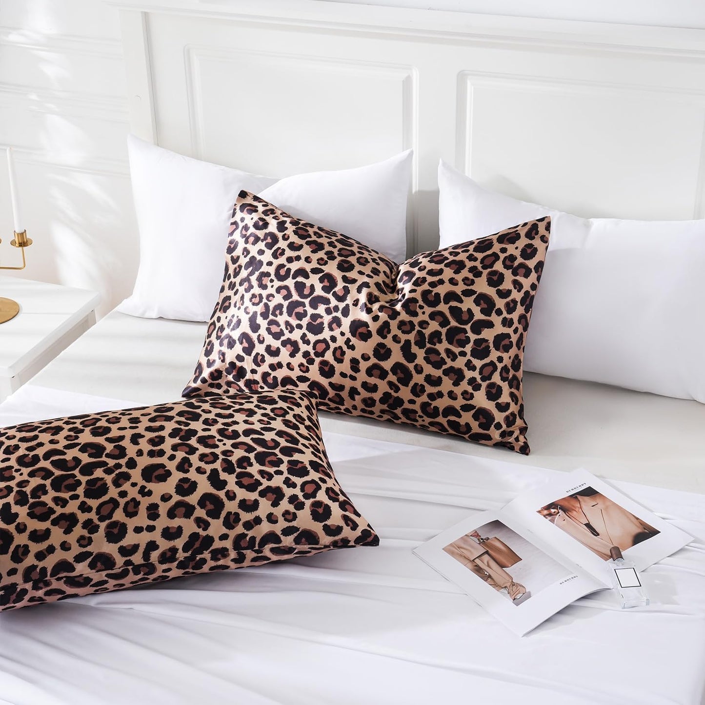 MR&HM Satin Pillowcase for Hair and Skin, Silk Satin Pillowcase 2 Pack, King Size Pillow Cases Set of 2, Silky Pillow Cover with Envelope Closure (20x36, Brown Leopard)