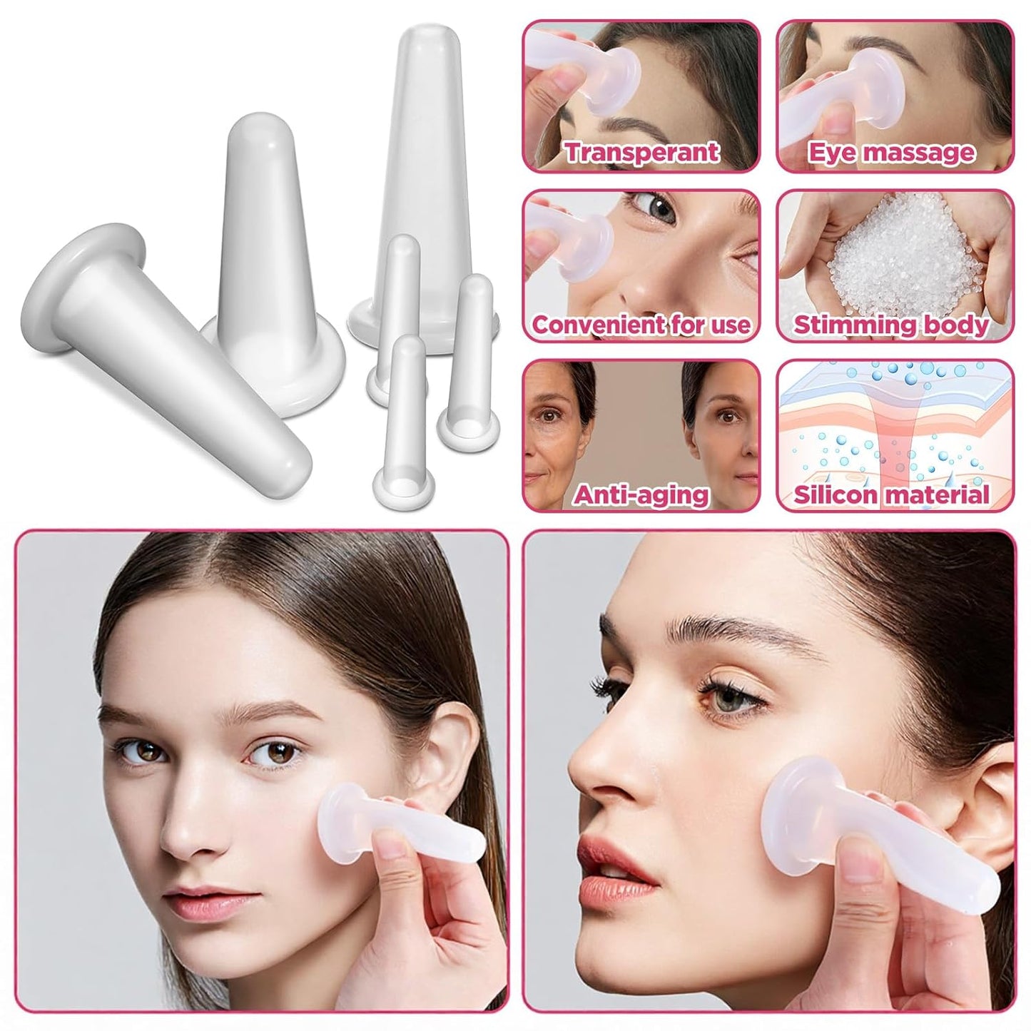 6 Pcs Transparent Massage Cupping Set Silicone Mini Facial Cups Skin Care Neck Back Eyes Massaging Cup Facial Care Safe to Use Portable Face Massager Helper for Men Women Massage