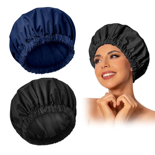 Reusable Shower Cap for Women, Large Waterproof Shower Bonnet Washable Elastic Band Bath Accessories Hair Hat for Long Hair, Braids(Black&Navy)