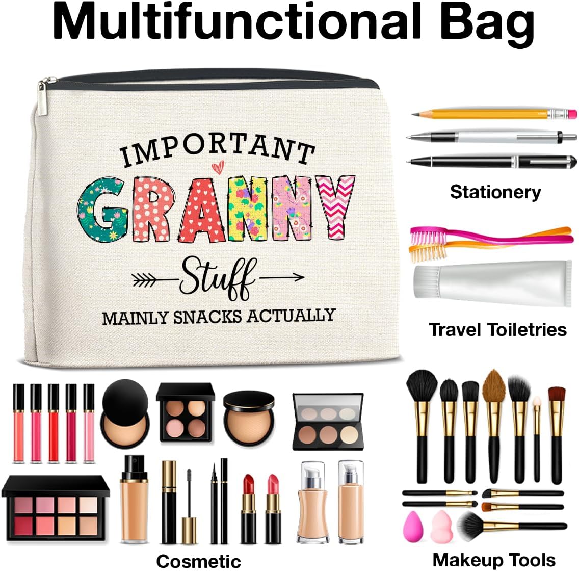 Funny Granny Makeup Bag Grandma Gifts from Grandkids, Gifts for Grandma Grandmother Nana Grammy Mimi Cosmetic Bag Important Granny Stuff Zipper Makeup Pouch