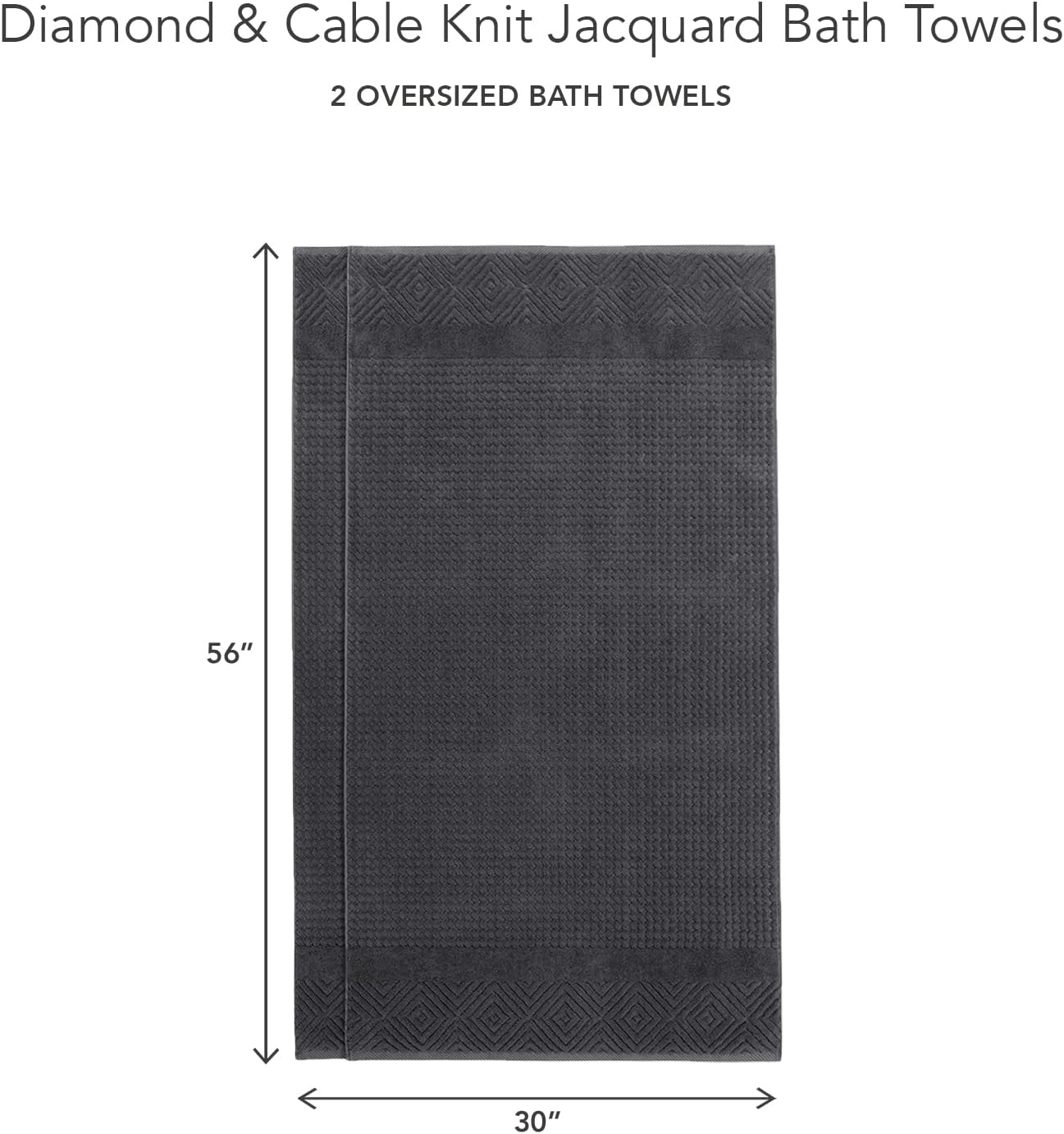 Texere 100% Organic Cotton Diamond Jacquard 700 GSM Luxury Bath Towel Sets - Ultra Soft and Absorbent Hotel and Spa Quality (Diamond, Black, 2 Bath Towels)