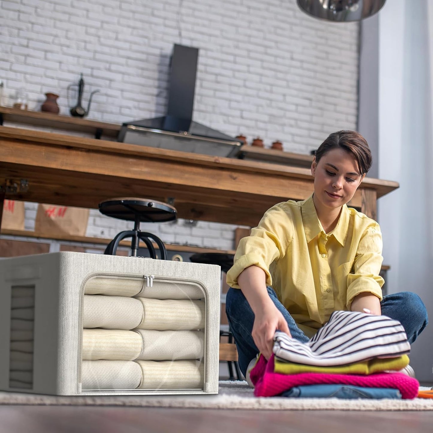 FHSQX 6 Pack Clothes Storage Bins with Metal Frame Foldable Storage Bins for Clothes Linen Fabric Storage Box with Clear Window (Lvory White, 19.7x15.7x13inch(66L))