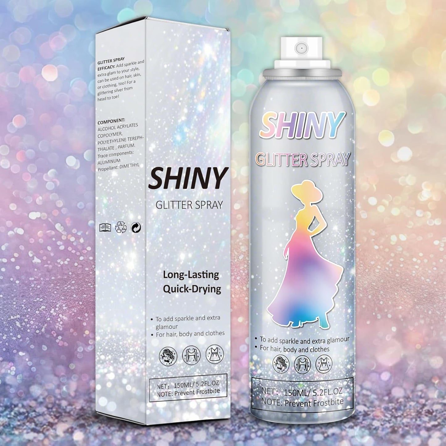 Body Glitter Spray,150ML Glitter Hairspray,Long-Lasting and Quick-Drying,Shimmer Spray for Kids Women,Suitable for Festival Music Concert Party,4.2 Fl Oz (Rainy-Rainbow)