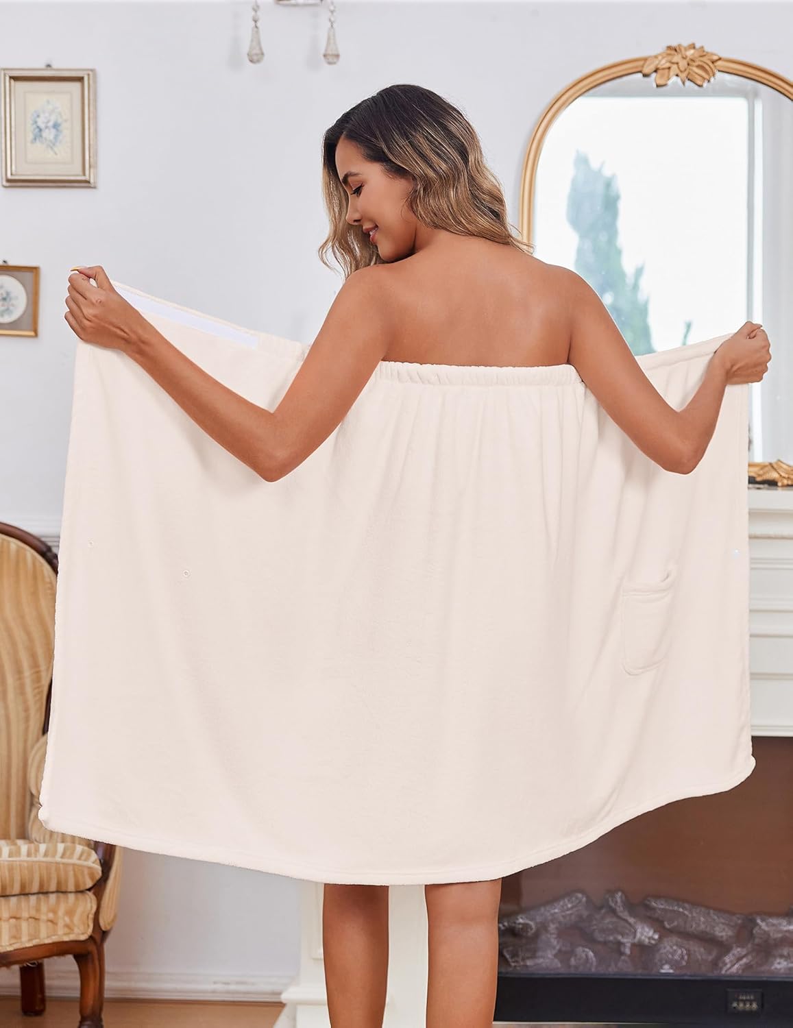 Ekouaer Women's Plush Towel Wrap Soft Lightweight Shower Wrap Absorbent Spa Body Wrap Bath Robe with Velcro S-L