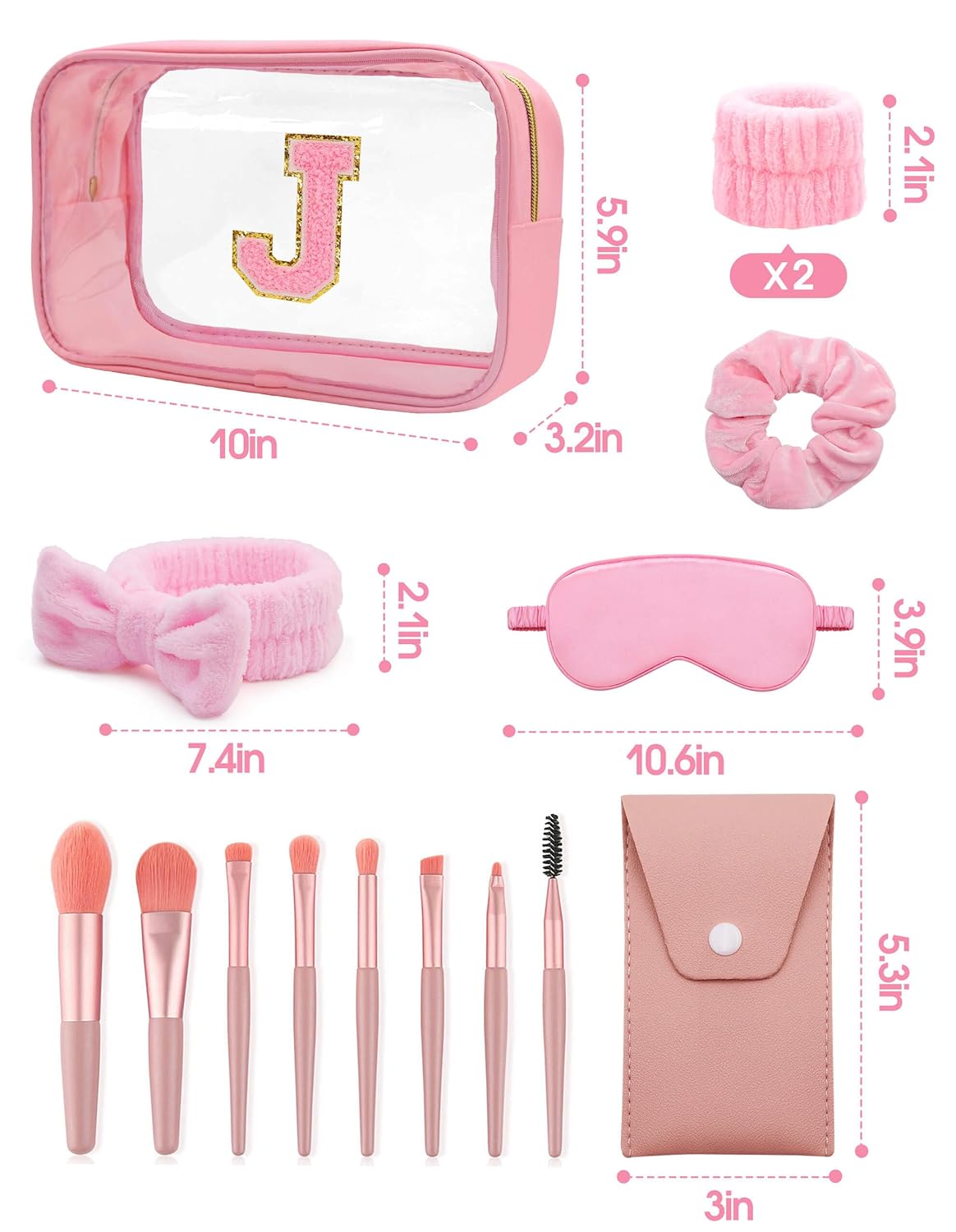 Gift Sets for Women, Initial Makeup Bag with Makeup Brush Set Bachelorette Party Favors, Pink Spa Kit with Skincare Headbands Wrist Bands Sleepover Party Supplies Gifts for Teen Girls Bridesmaid J