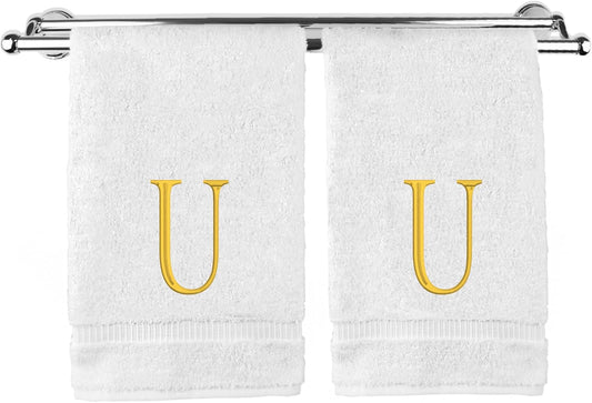 Monogrammed Hand Towel, Personalized Initial Gift, Extra Absorbent 100% Turkish Cotton - Soft Terry Finish - Set of 2 - Gold Block Initial U - Embroidered on White Towels