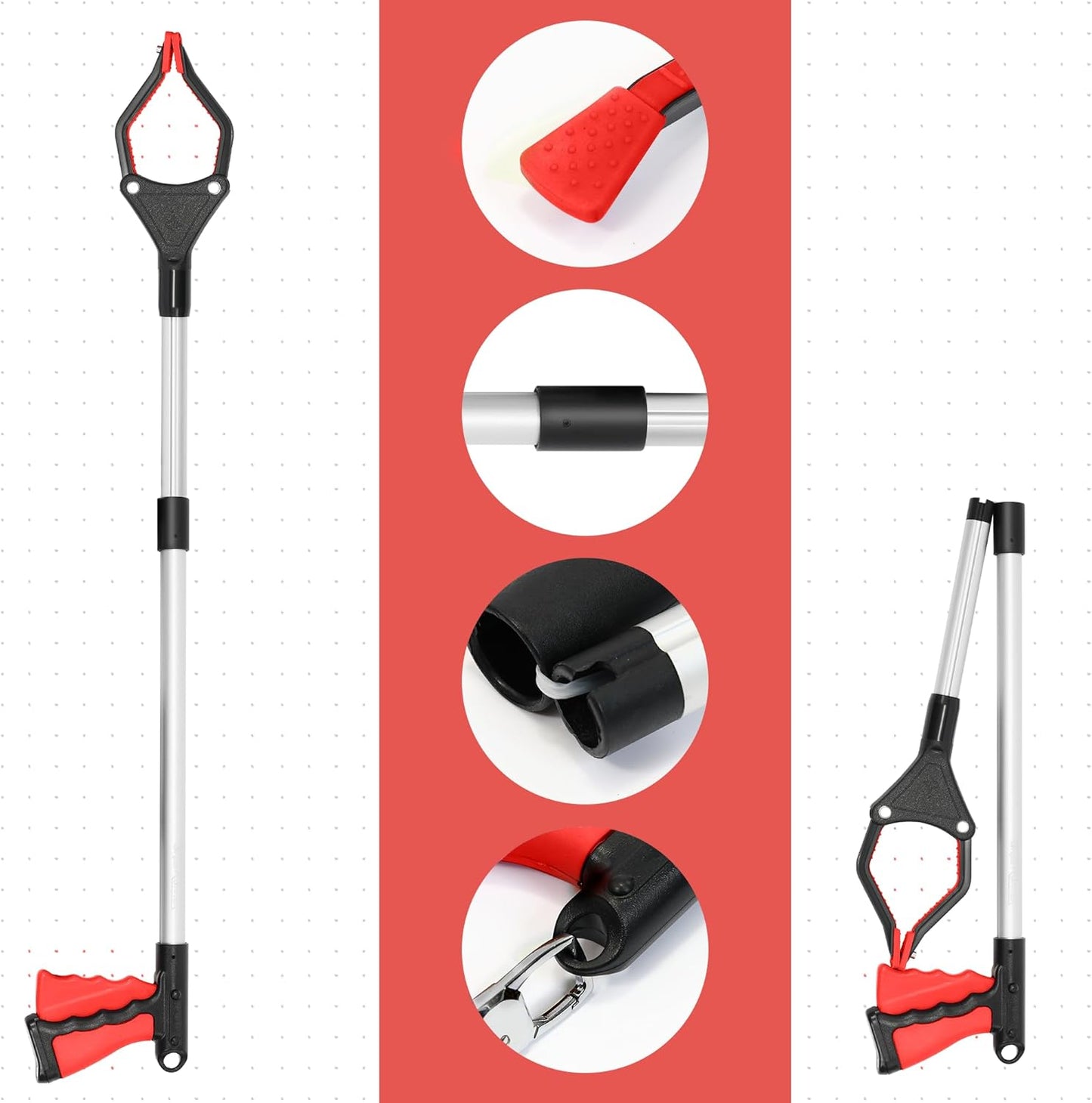 32 inch Foldable GrabRunner Reacher Grabber with Strong Magnetic Tip(Red)
