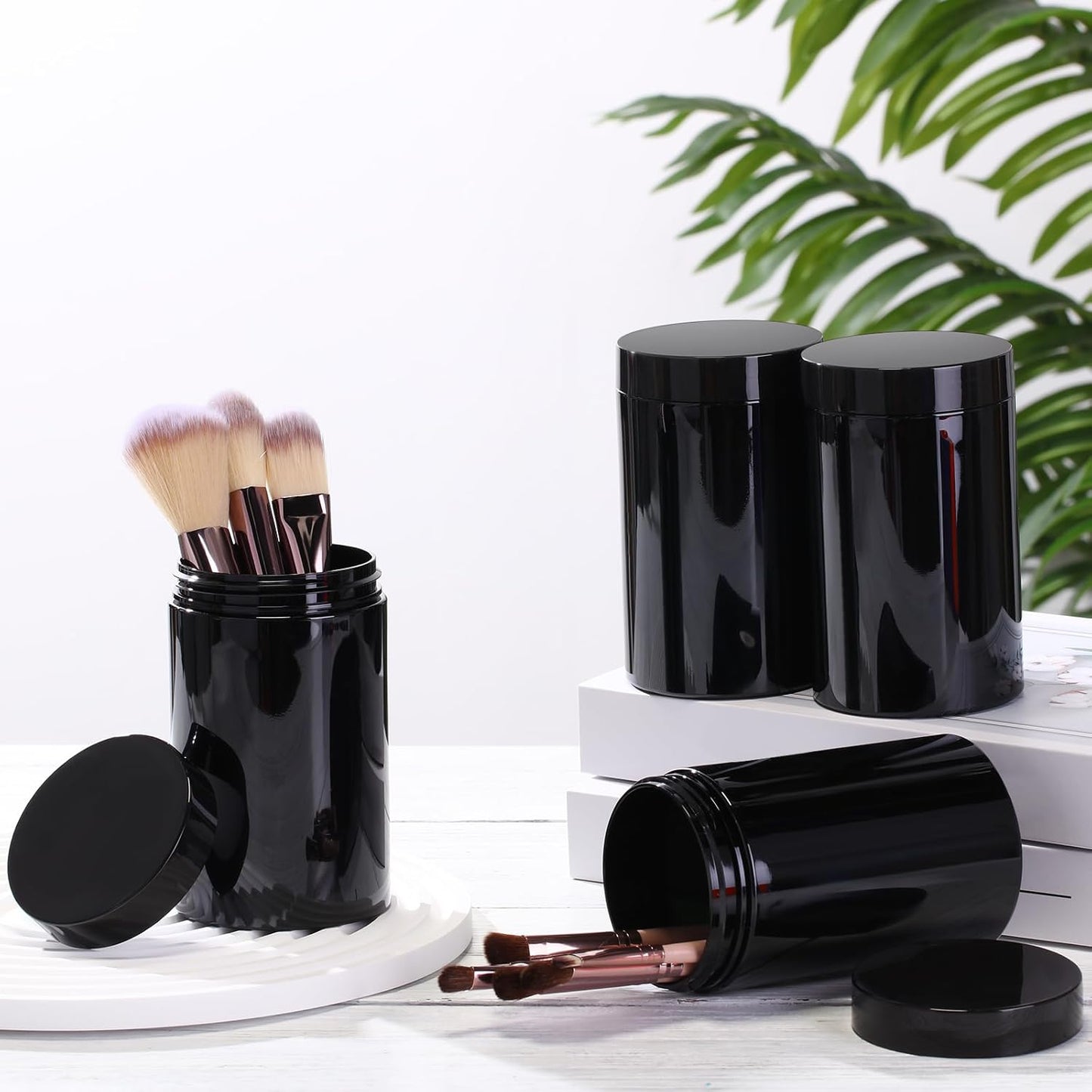 SATINIOR 12 Pack 12 oz Plastic Container Jars with Lids Round Clear Travel Cosmetic Container Slime Jar for Toiletries, Lotion, Cream, Ointment, Makeup, Rhinestone, Sample, Kitchen Storage(Pure Black)