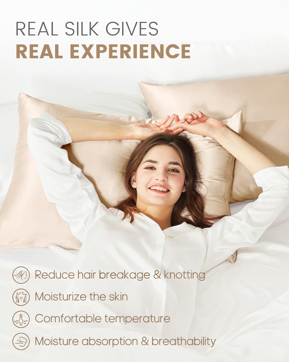 THXSILK Set of 2 100% Mulberry Silk Pillowcases for Hair and Skin, Grade 6A+ Mulberry Silk Pillow Cases 19 Momme, Hypoallergenic Pillow Case Cover with Zipper (Queen 20"x30", Beige)