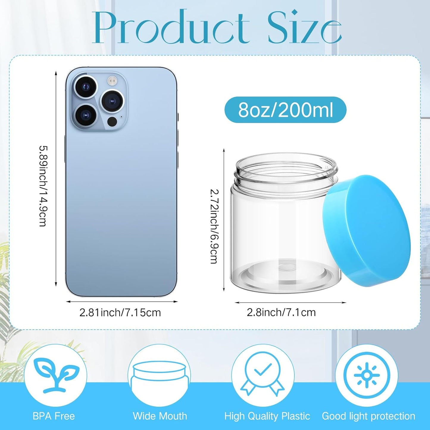 SATINIOR 12 Pack 8 oz Plastic Container Jars with Lids Round Clear Travel Cosmetic Container Slime Jars for Toiletries, Lotion, Cream, Ointments, Makeup, Rhinestone, Samples, Kitchen Storage(Blue)