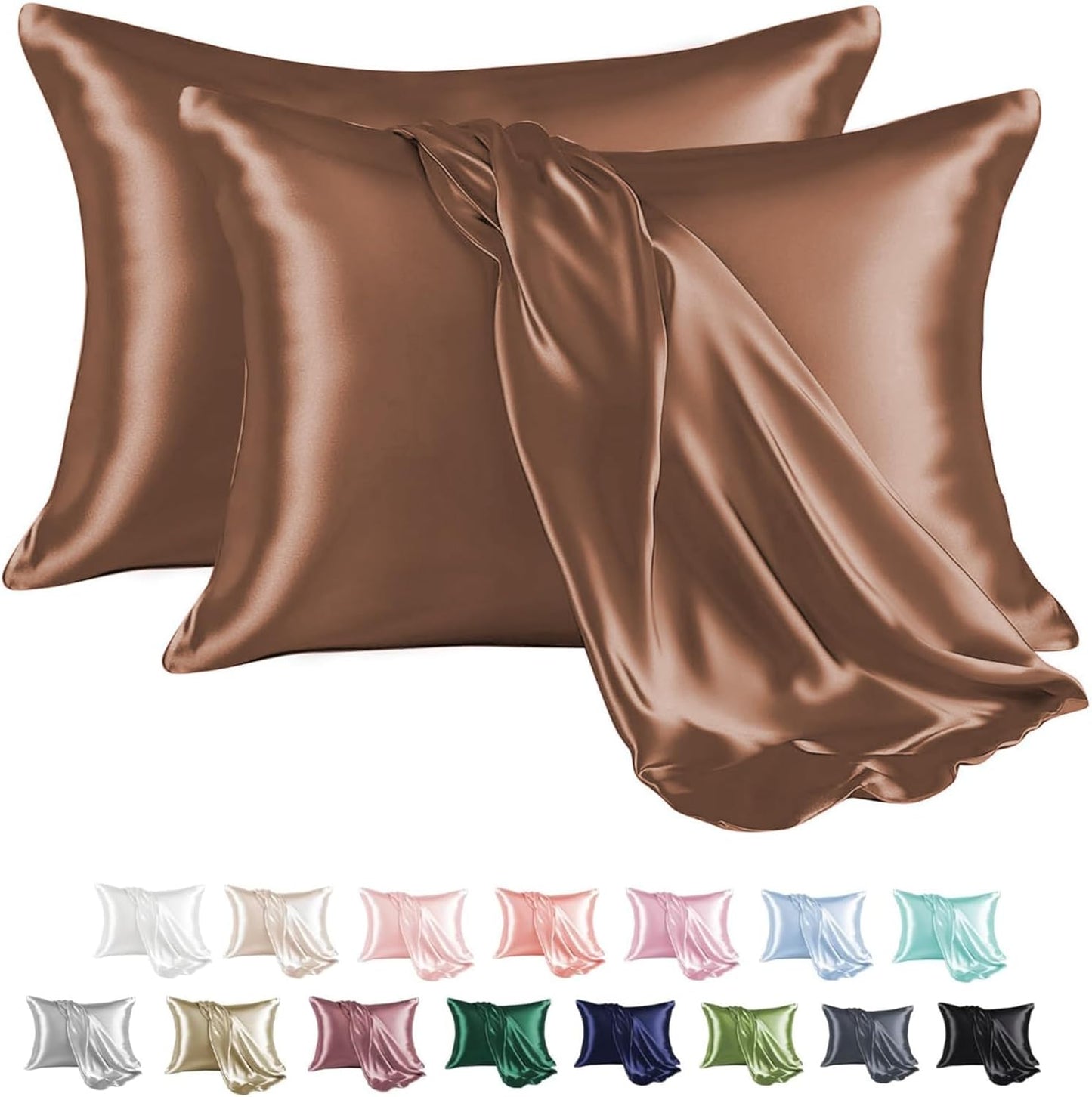 MR&HM Satin Pillowcase for Hair and Skin, Silk Satin Pillowcase 2 Pack, Standard Size Pillow Cases Set of 2, Silky Pillow Cover with Envelope Closure (20x26, Mocha Mousse)