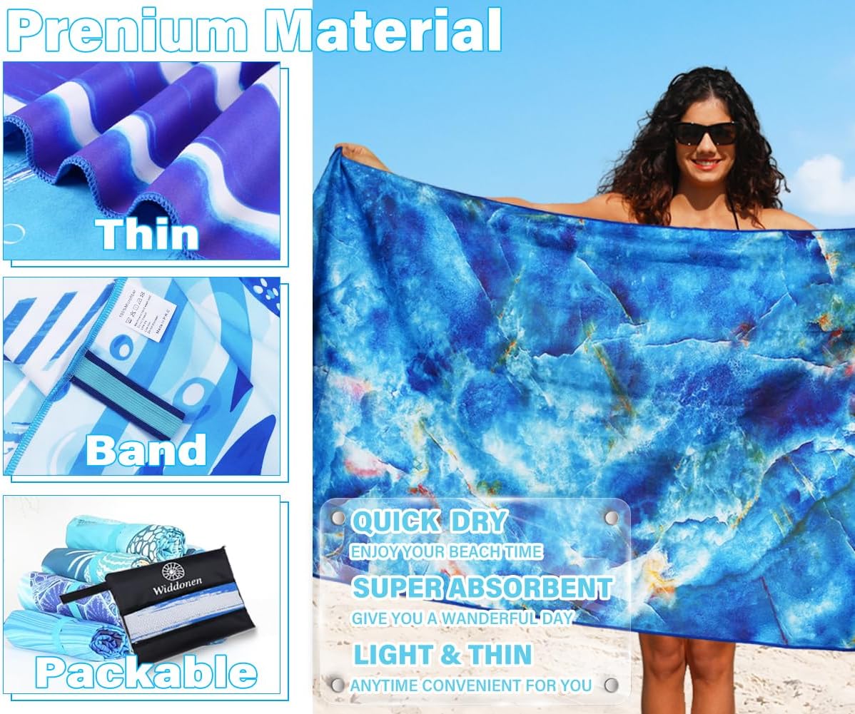 Lightweight Thin Microfiber Beach Towel Sand Free Quick Dry Absorbent Compact Soft Pool Swim Travel Towels Extra Large Oversized Beach Accessories Packable Essentials Stuff Gifts for Adult
