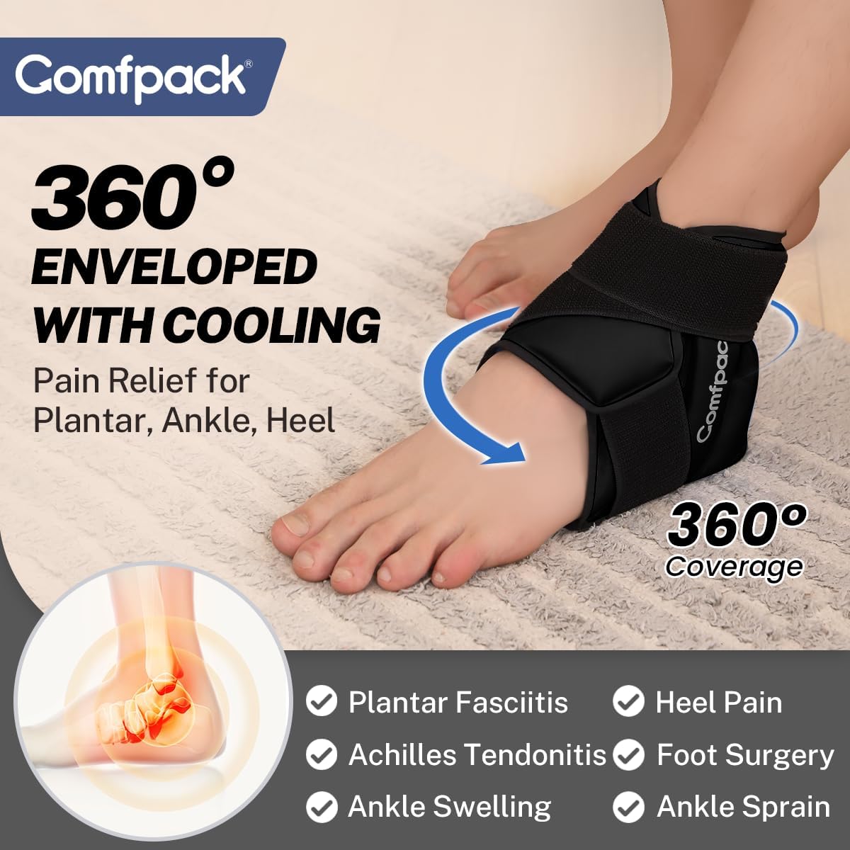 Ankle Ice Pack Wrap for Swelling, FSA Eligible, Heel Ice Pack for Pain Relief, Hot Cold Therapy Cold Pack for Plantar Fasciitis, Achilles Tendonitis, Ankle Sprain, Foot Pain, Black