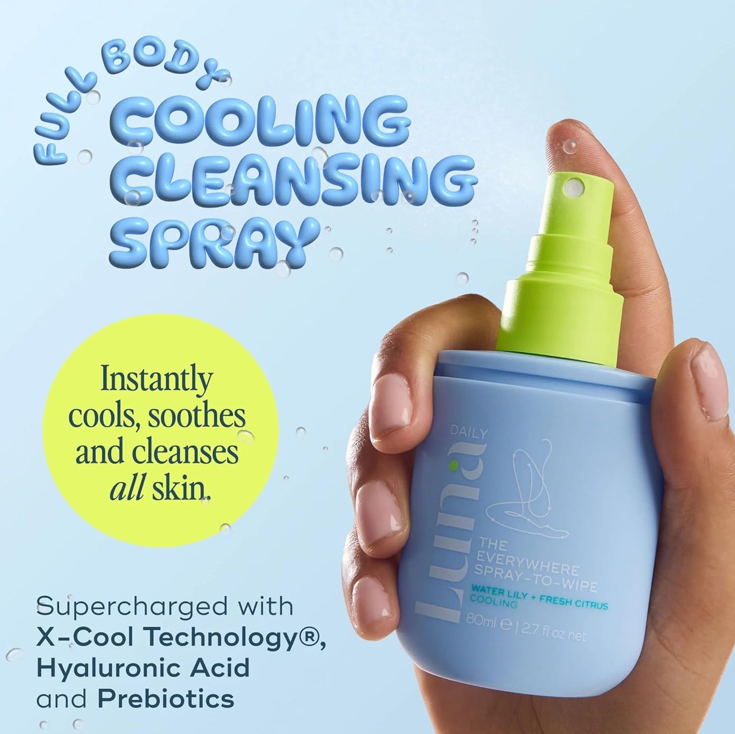 Luna Daily The Everywhere Spray-To-Wipe | Cooling Body Mist & Hydrating pH-Balanced Feminine Care | Cooling Water Lily + Fresh Citrus | Anti-Chafing & Odor Control 80ml