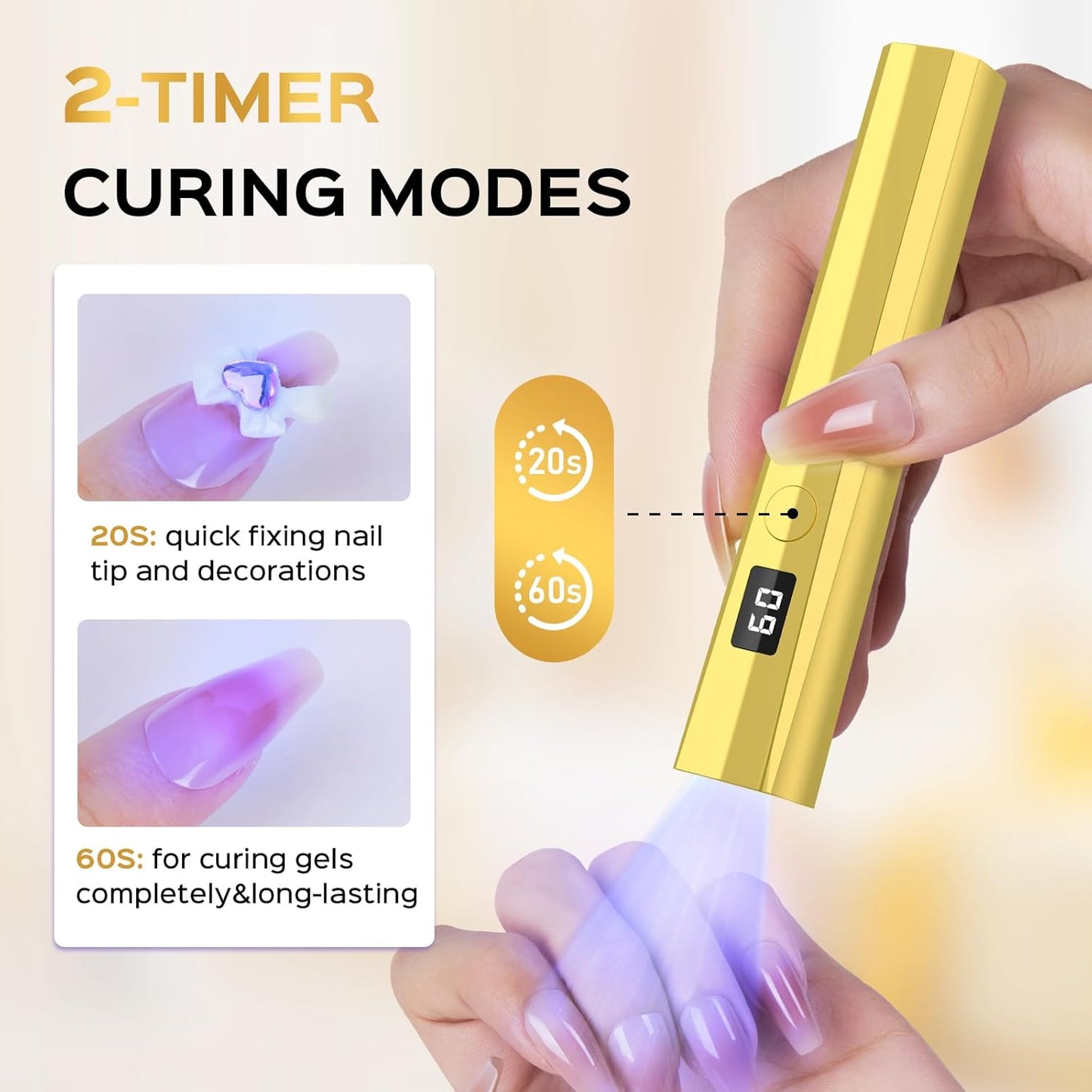 Handheld UV Nail Lamp, 5W Sparkly UV Light for Gel Nails, Portable LED Nail Lamp, Mini Nail Dryer with LCD Screen, USB Nail Light for Fast Curing (Gold)