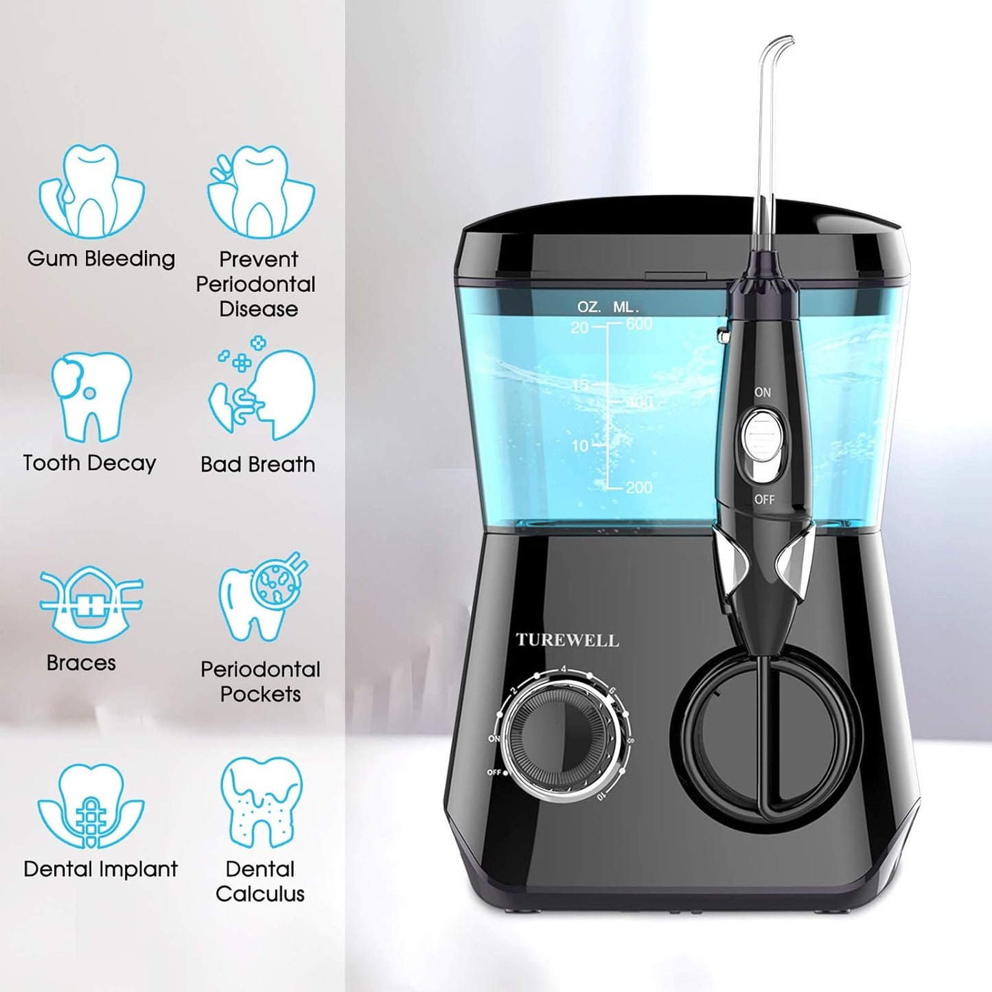 TUREWELL Water Flossing Oral Irrigator, 600ML Dental Teeth Cleaner 10 Adjustable Pressure, Electric Oral Flosser for Braces, 8 Replacement Jet Tips for Family (Black)