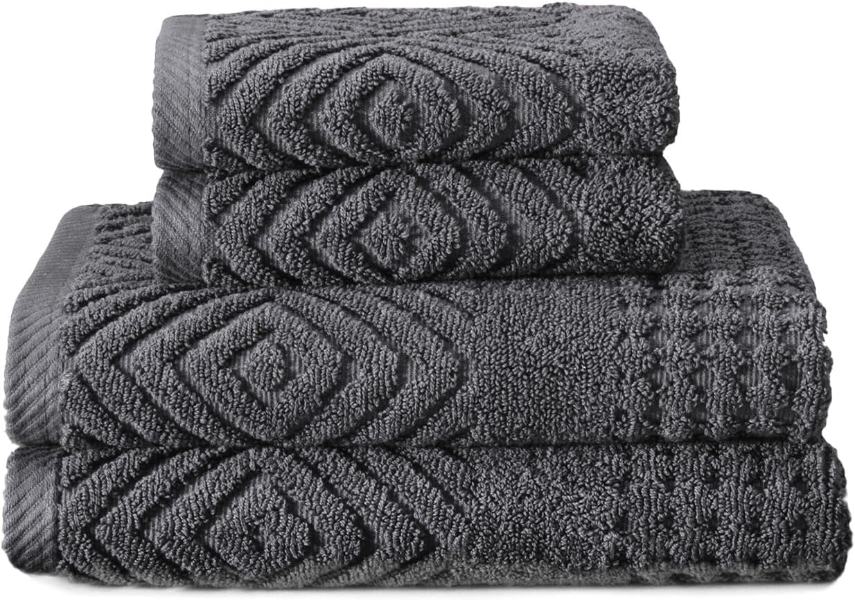 Texere 100% Organic Cotton Diamond Jacquard 700 GSM Luxury Bath Towel Sets - Ultra Soft and Absorbent Hotel and Spa Quality (Diamond, Charcoal, 2 Hand & 2 Face Towels)