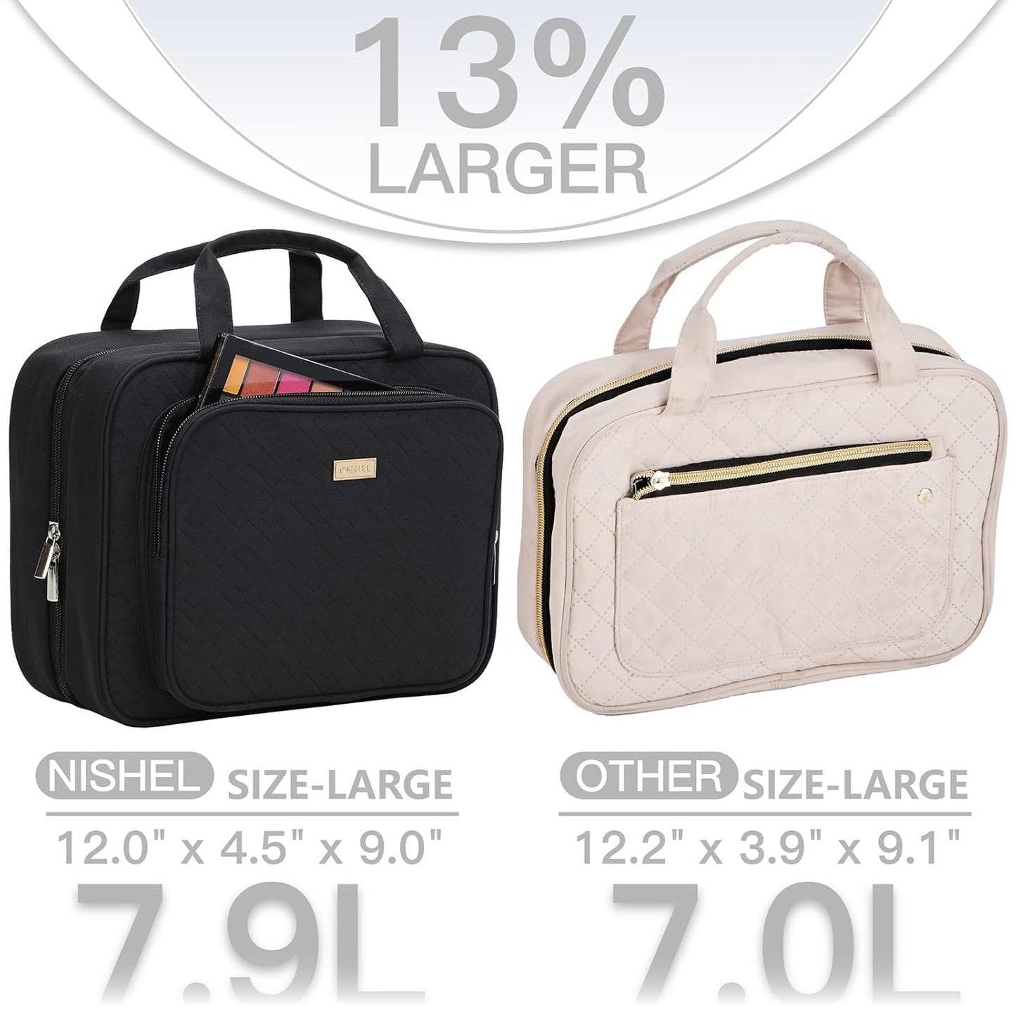 NISHEL Travel Toiletry Bag for Women Large Capacity, Makeup Essentials Organizer, Hanging Case for Accessories, Cosmetics, Black