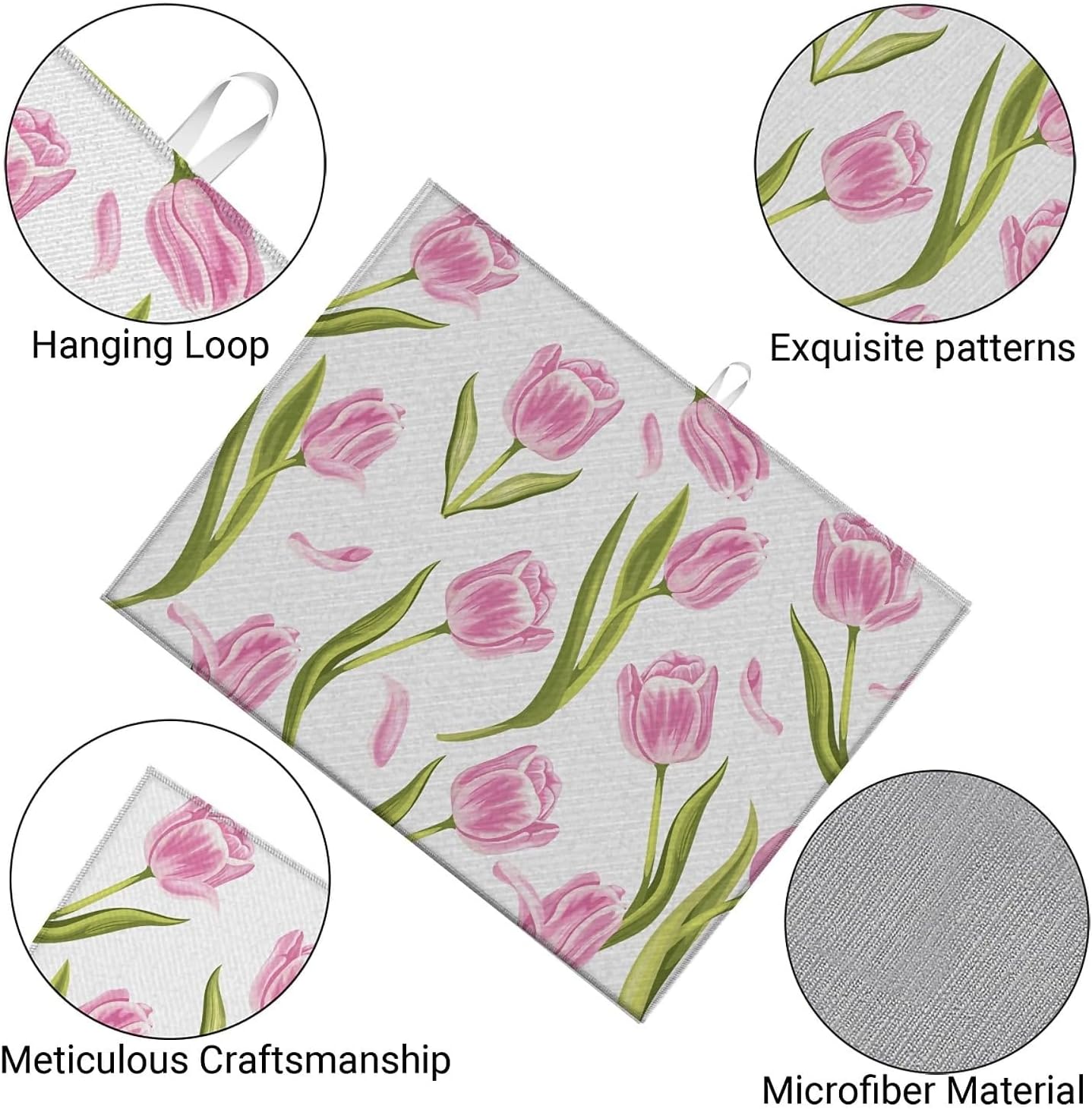 Dish Drying Mat For Kitchen Counter, Pink Tulip Flower Microfiber Absorbent Dish Drainer Rack Pad Reusable Large 18x24in Drying Mat