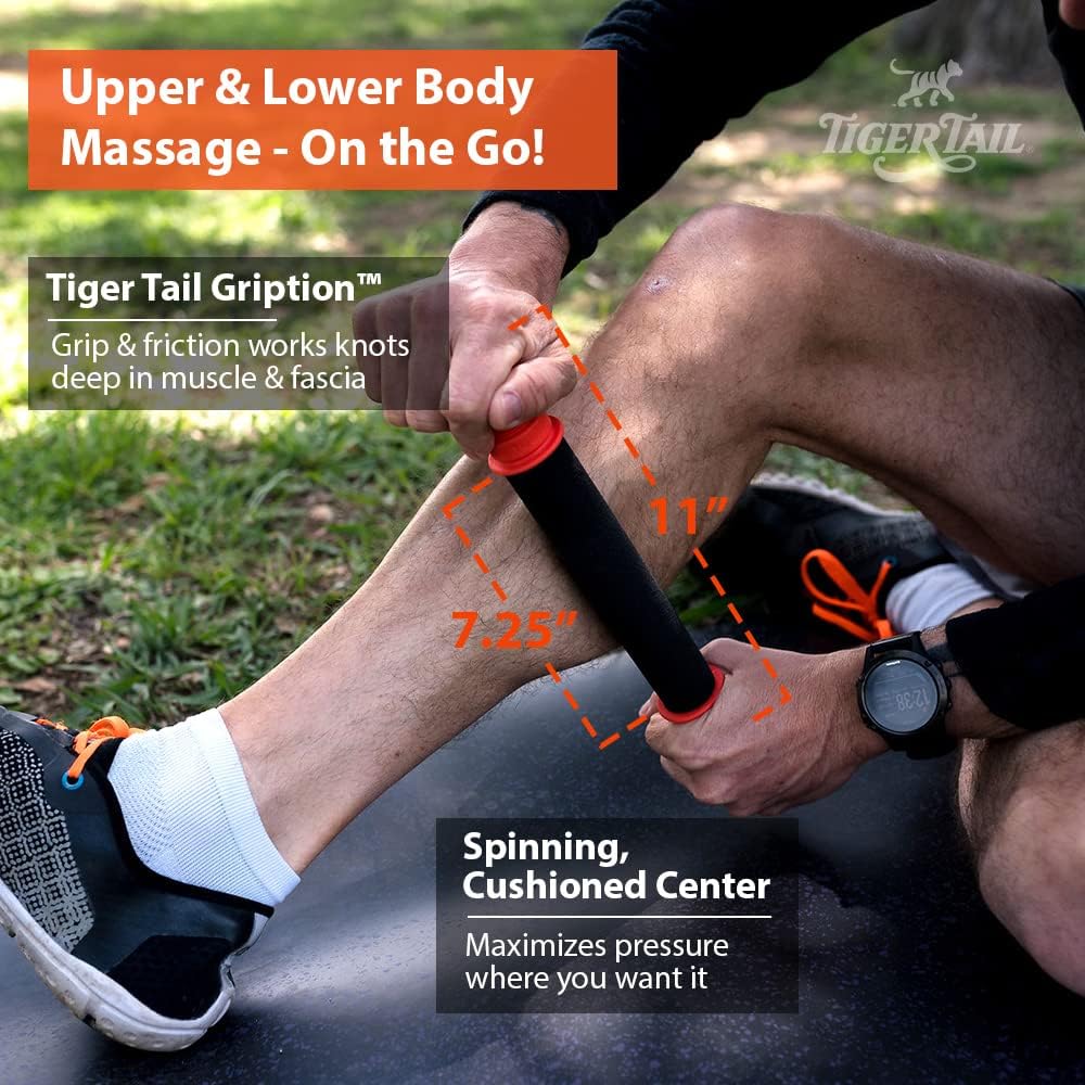 Tiger Tail 11in Massage Stick Portable Roller, Handheld, Deep Tissue Foam Roller for Legs, Neck, Calves, Thighs, Shins & Back, The Roadster 11, Made in USA, Orange Black