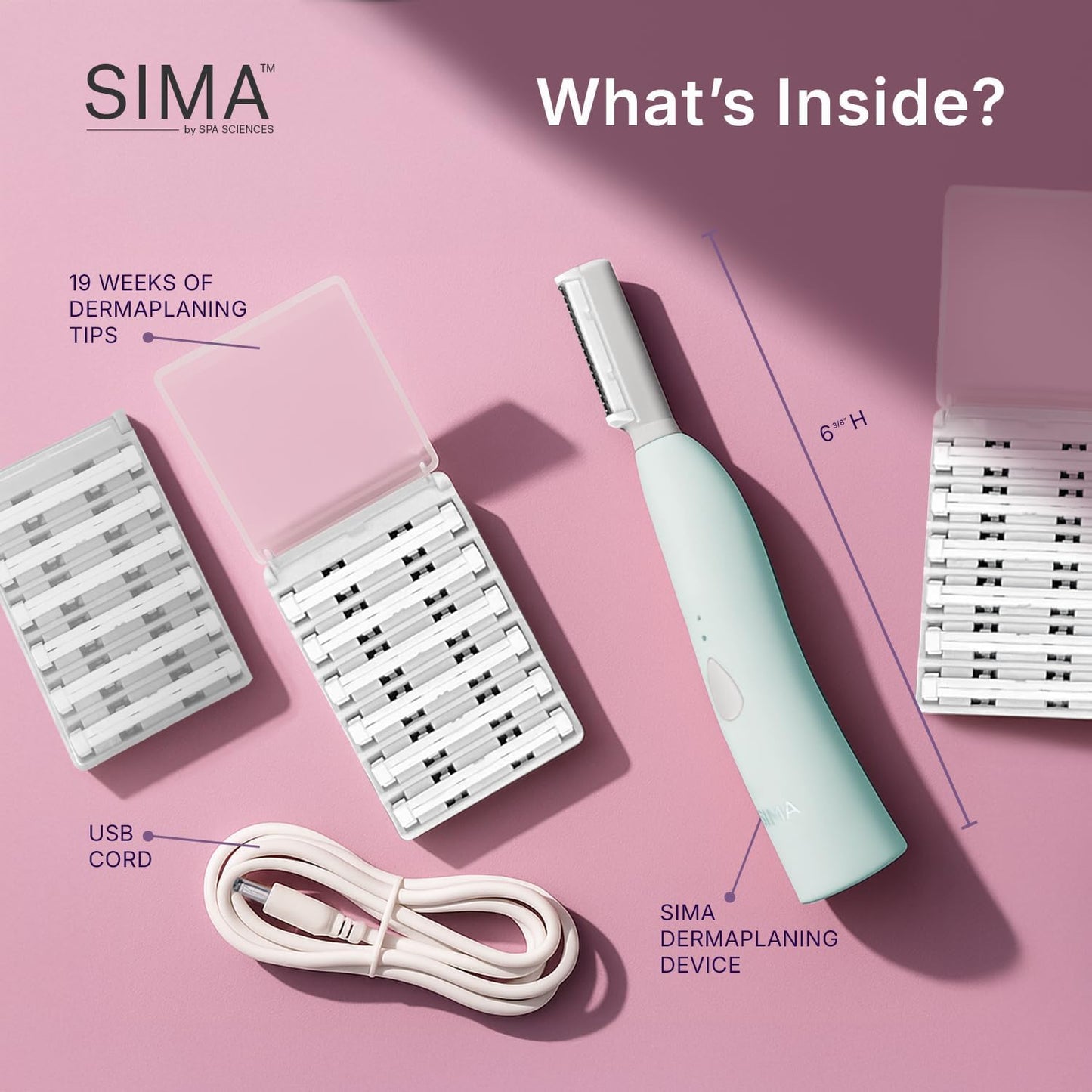 SPA SCIENCES - SIMA Patented Dermaplane Razor for Women Face – Painless 2-in-1 Facial Exfoliation & Peach Fuzz Hair Removal – Anti-Aging – 3 Speeds – Rechargeable – 19 Weeks Treatment