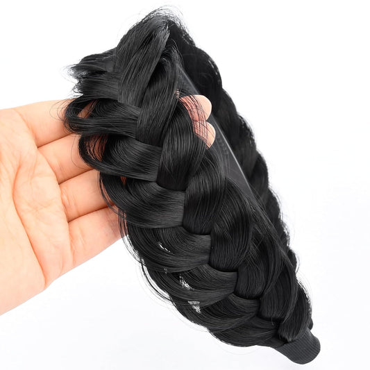 DIGUAN Wide Messy Braided Headband With Teeth Synthetic Hair Plaited Headband High Elasticity Braids Chunky Fishtail Braided Hair Band Hairpiece for Girls Women Beauty Accessory (Black)