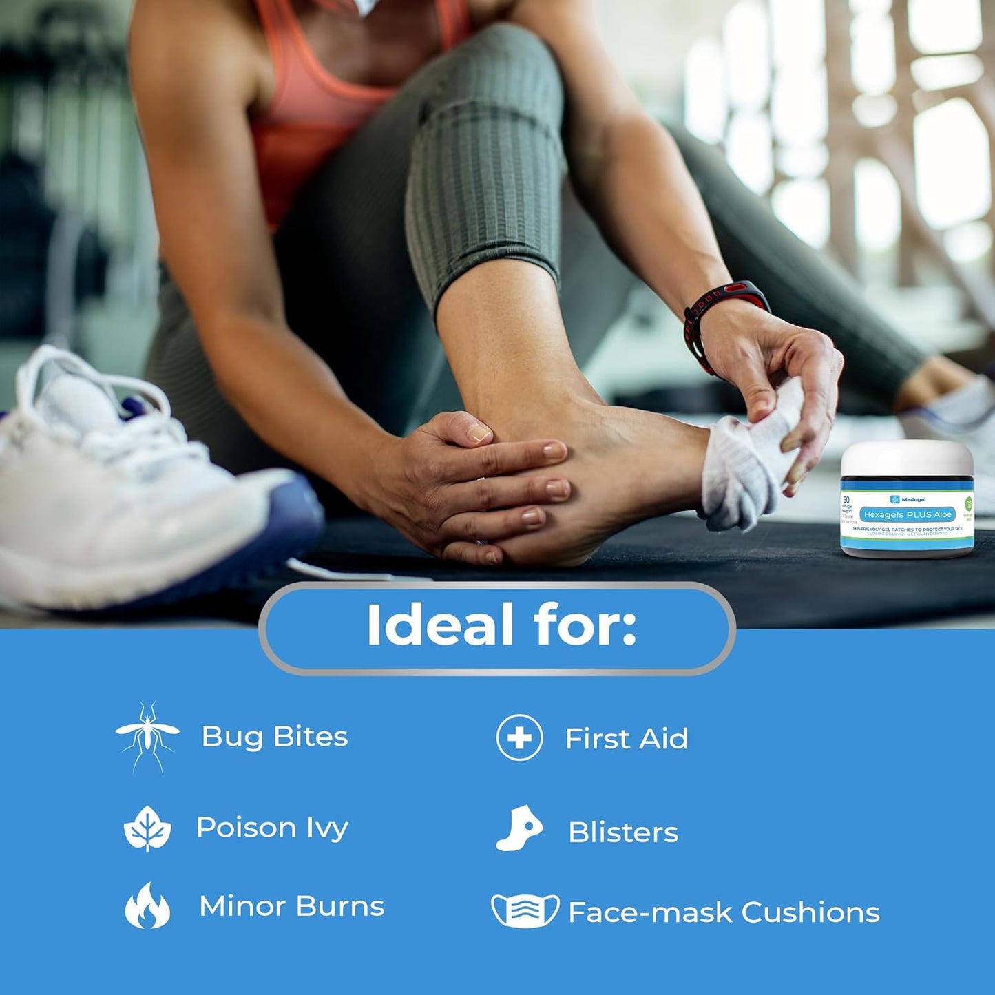 Hexagels Plus Aloe Vera - Advanced Healing Hydrogel Pads for Blister Prevention & Soothing Burn Care - Foot, Heel, Toe, & Ankle Protection, Pack of 50, 1-Inch Patches, by Medagel, Paraben Free Formula