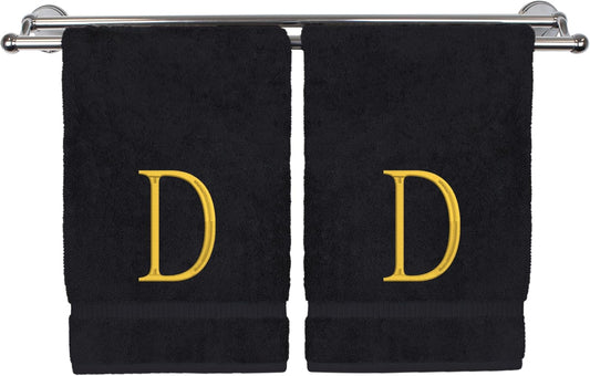 Monogrammed Hand Towel, Personalized Initial Gift, Extra Absorbent 100% Turkish Cotton - Soft Terry Finish - Set of 2 - Gold Block Initial D - Embroidered on Black Towels