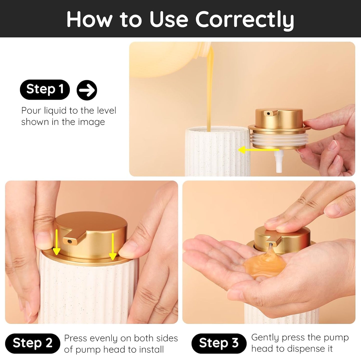 Segbeauty 2pcs Gold Soap Dispenser Pump Replacement, Pump Head for Hand Soap Dispenser, Jar Lid Replacement for Bathroom Ceramic Shampoo and Conditioner Bottle, Pumps Head for Creams Conditioner