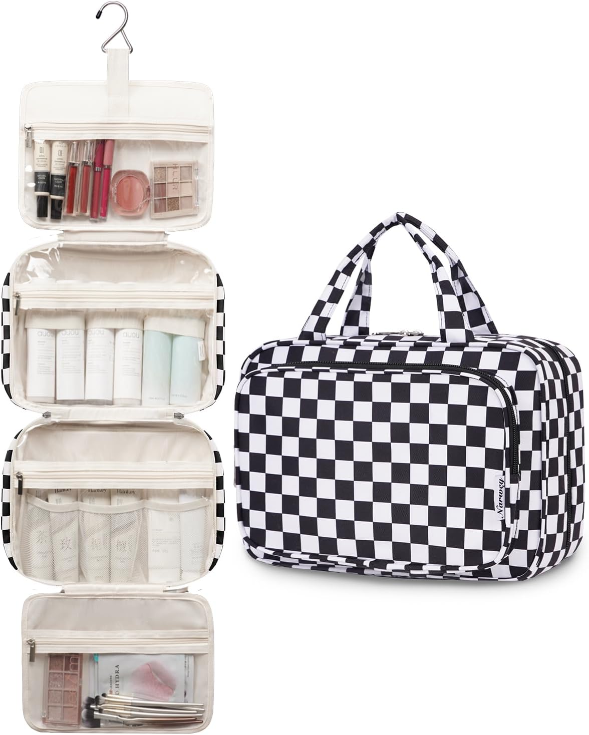 Narwey Travel Toiletry Bag for Women Large Hanging Makeup Bag Organizer Toiletries Bag for Full Size Essentials Accessories Cosmetics (Black Checkerboard (Large))