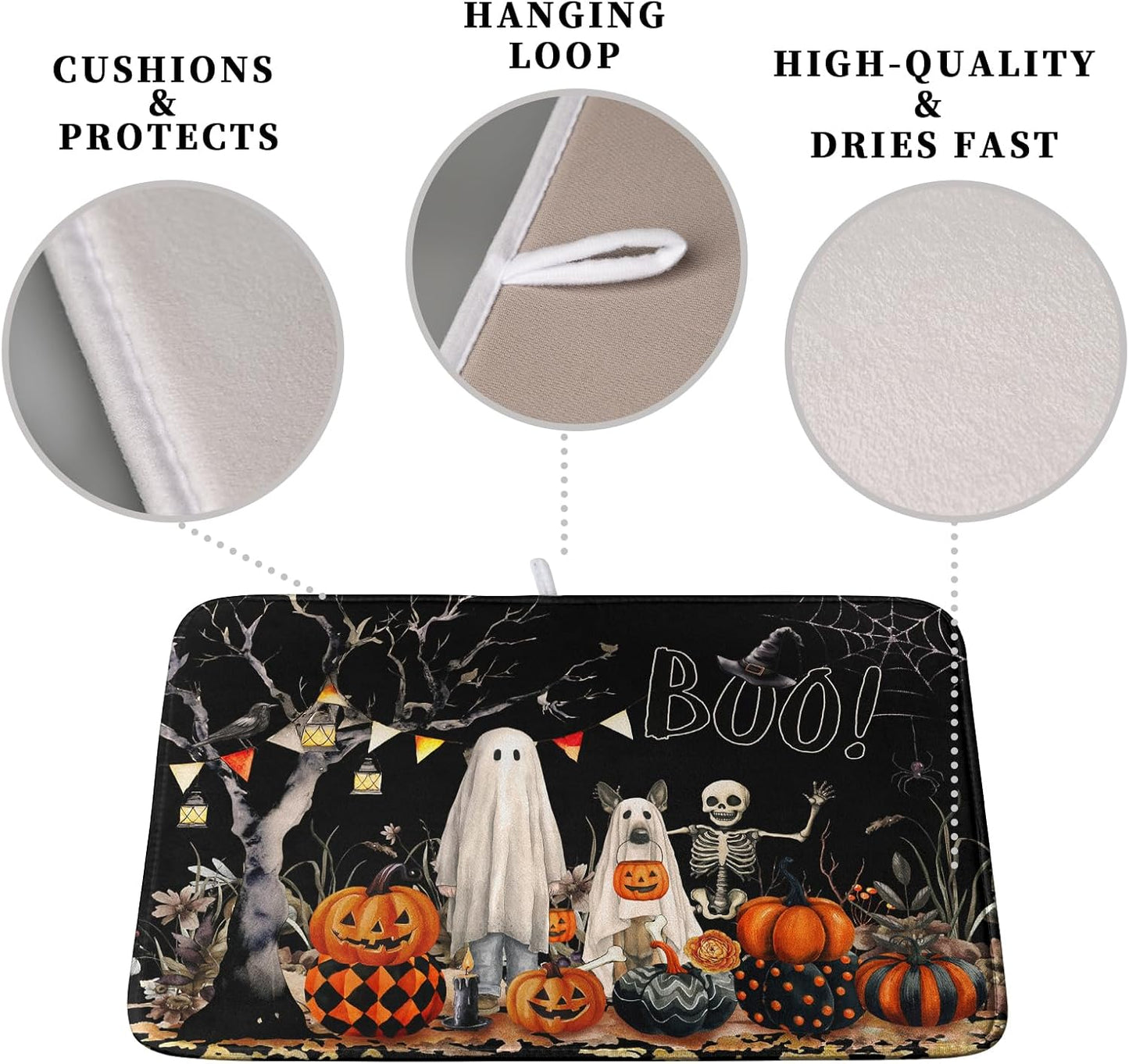 Halloween Dish Drying Mat for Kitchen Counter 18x24 Inch Black Ghost Pumpkins Dog Boo Skull Dishes Drainer Mats Absorbent Microfiber Washable Dish Draining Pad for Sink Coffee Bar