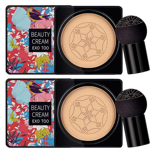 NUIBO 2PCS Air Cushion CC Cream Mushroom Head, Moisturizing Concealer Makeup Base, Primer Liquid Foundation Long Lasting with Two Mushroom Makeup Sponges 【Natural X 2】
