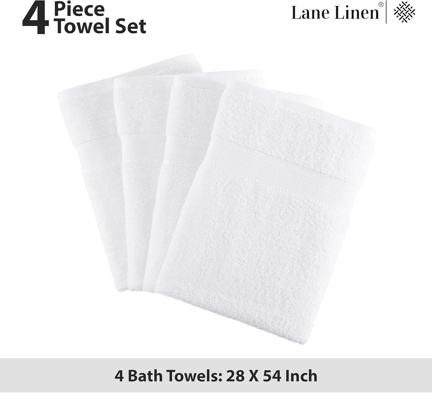 LANE LINEN 100% Cotton 4 Pack Bath Towels (28"x54") - Ring Spun Cotton - Large Towels for Bathroom - Quick Drying, Highly Soft & Absorbent Shower Towel Set - Hotel & Spa Quality - White Towel Set