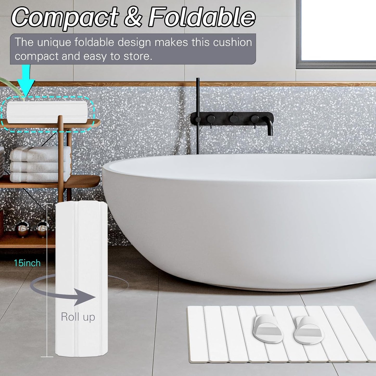 2 Pack Foldable Stone Bath Mats, White Super Absorbent Diatomaceous Earth Bath Rug, Non-Slip Shower Mat, Quick-Drying Bath Rug and Drying Mat for Tub and Shower