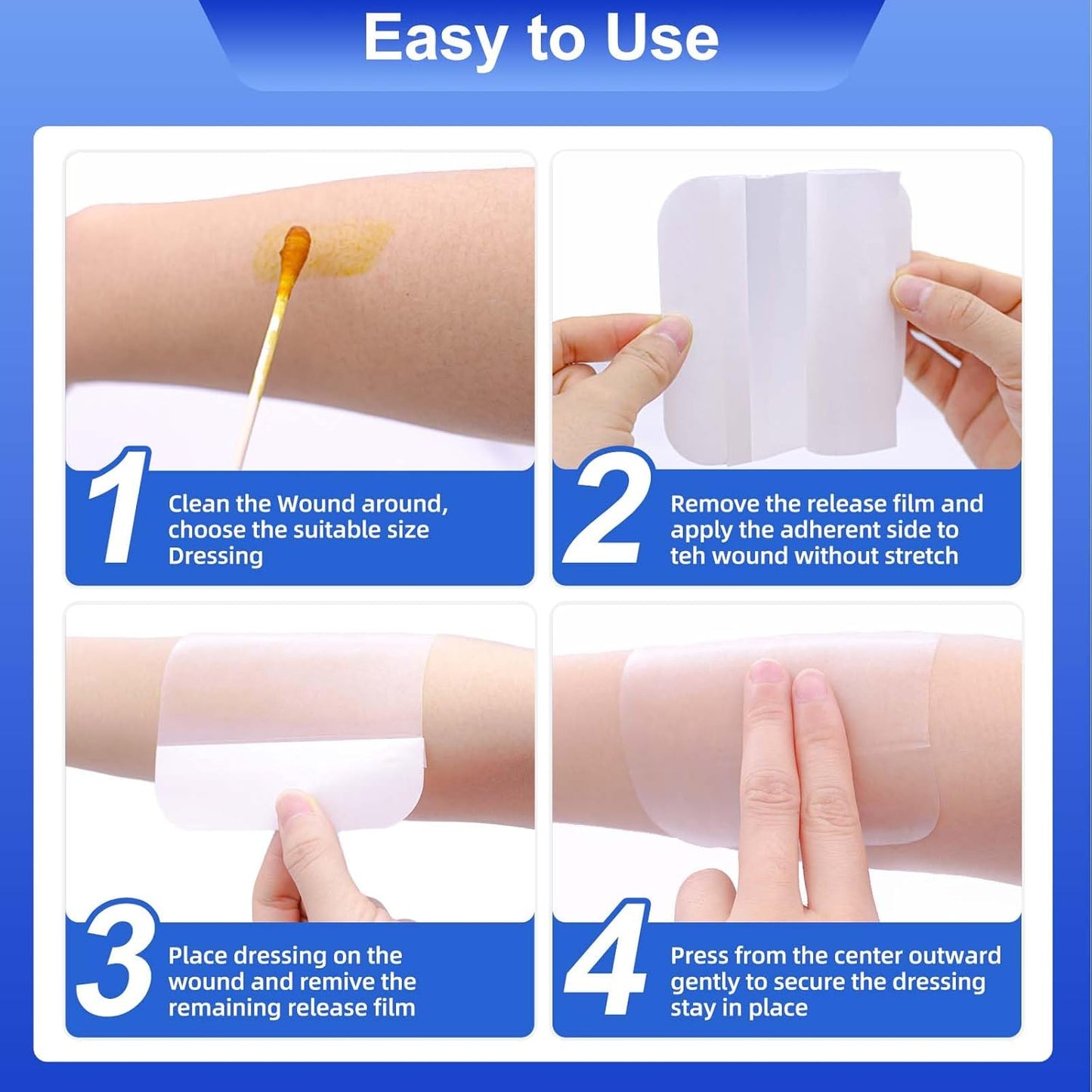 8 Count Hydrocolloid Bandages 4"x8", Large Hydrocolloid Gel Bandages for Wounds, Wound Healing Bed Sore Dressings