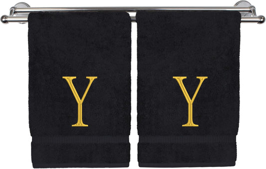 Monogrammed Hand Towel, Personalized Initial Gift, Extra Absorbent 100% Turkish Cotton - Soft Terry Finish - Set of 2 - Gold Block Initial Y - Embroidered on Black Towels