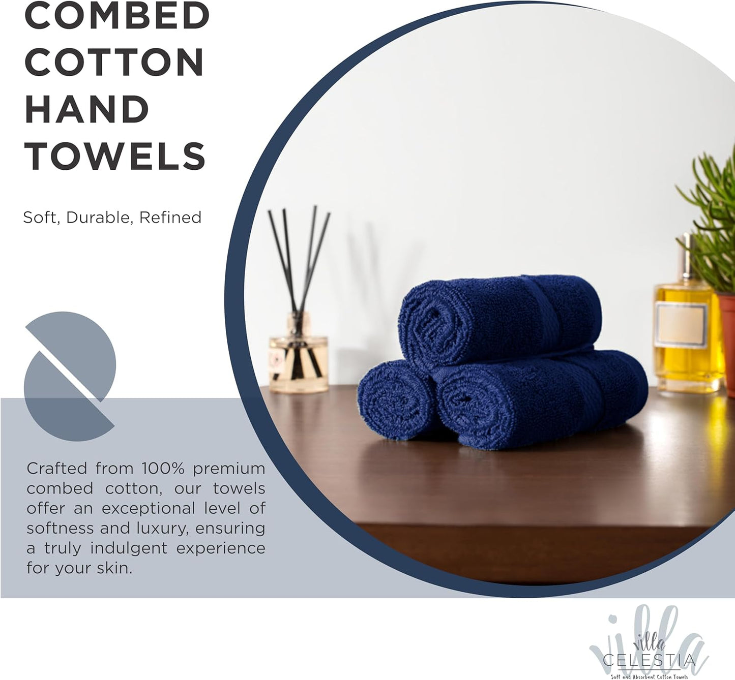 100% Cotton Hand Towel Set of 2, (16 x 28 inches) Sustainable, Soft, Highly Absorbent, Quick Drying, Combed Cotton Hand Towels Pack of 2 Ideal for Hotels, Spa, Bathroom, Dorm, Navy Blue