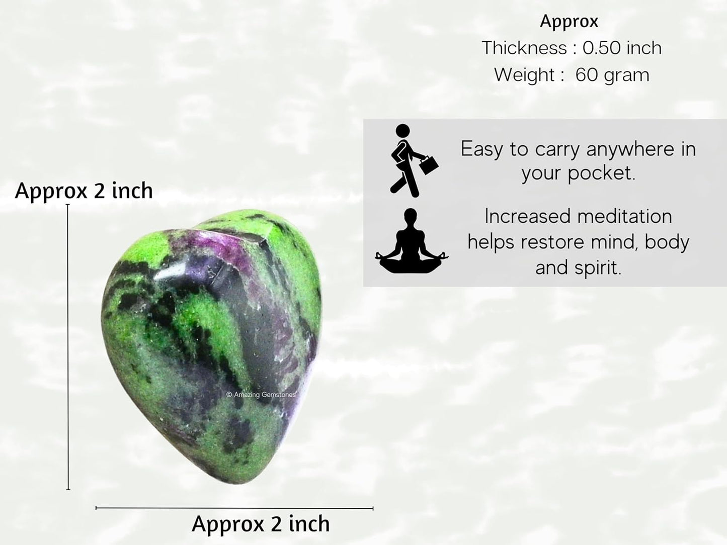 Amazing Gemstone Ruby Zoisite Crystal Heart Palm Stone - Pocket Massage Worry Stone for Natural Body Chakra Balancing, Reiki Healing and Crystal Grid