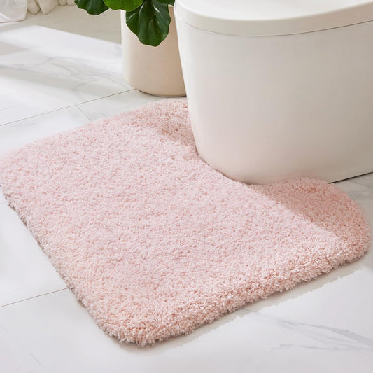 ILANGO Pink Toilet Rugs U Shaped 22" × 24" Non Slip & Super Absorbent Extra Thick Soft, Washable Bath Mats for Bathroom Floor, Microfiber Plush Shaggy Contour Bath Rugs for Toilet,Dry Quick